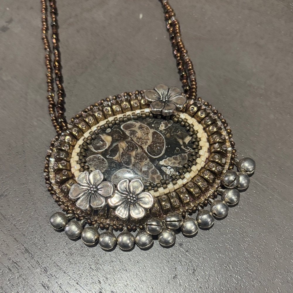 26” Turritella Fossil Bead Embroidered Necklace w/ Bells - Picture 6 of 6